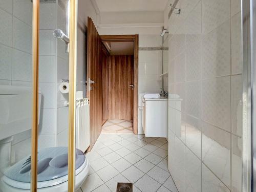 a bathroom with a toilet and a glass shower at Stefi 1 in Crveni Vrh