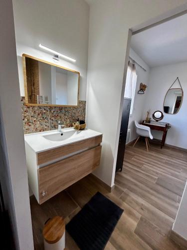 une salle de bain avec un lavabo et un miroir dans l'établissement Gîte Le Galus au cœur de nos vignes bio, à Meynes