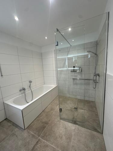a bathroom with a shower and a bath tub at Deluxe-Family Apartment mit Terrasse, Küche & Parkplatz in Offenburg