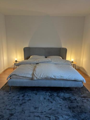 a bed in a bedroom with two lamps on two tables at Deluxe-Family Apartment mit Terrasse, Küche & Parkplatz in Offenburg