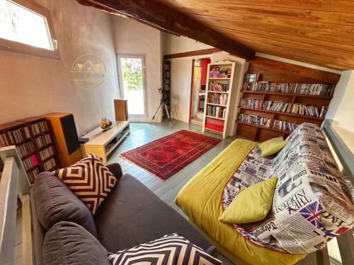 - un salon avec un lit, un canapé et des étagères dans l'établissement MAS M - Villa d'exception - Piscine - Jeux Enfants - BBQ - Plancha - Cheminée - Calme - 5 Chambres - SUDSEJOURCONCIERGERIE, à Perpignan