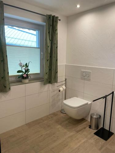 a bathroom with a toilet and a window at Ferienwohnung Zirbenduft in Wertach