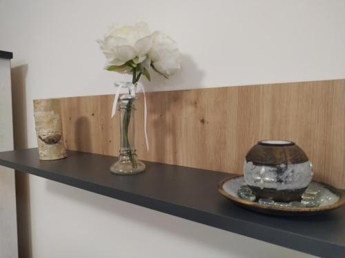 eine Vase mit einer weißen Blume auf einem Regal in der Unterkunft Nina centar in Sombor