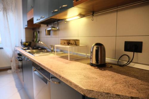 a kitchen with a counter with a sink and a stove at Residenza famiglia Moser - Chalet Olimpico 2026 in Pergine Valsugana