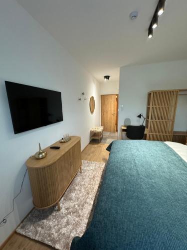 a bedroom with a large bed and a flat screen tv at Balon Centrum penzion in Plav