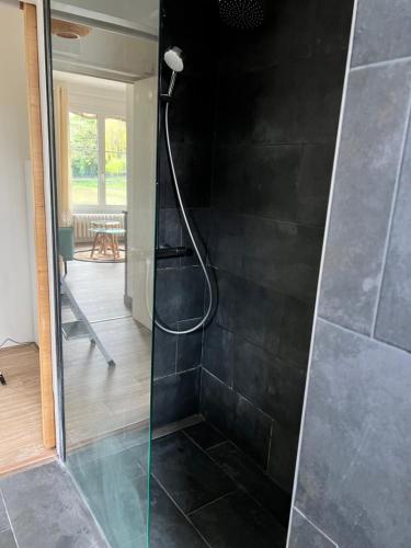 une douche avec pommeau de douche dans une salle de bain dans l'établissement Un secret bien gardé, à Fontenay-le-Fleury