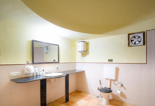 a bathroom with a sink and a mirror at Treebo Premium Mowgli's Den, Pench in Khawāsa