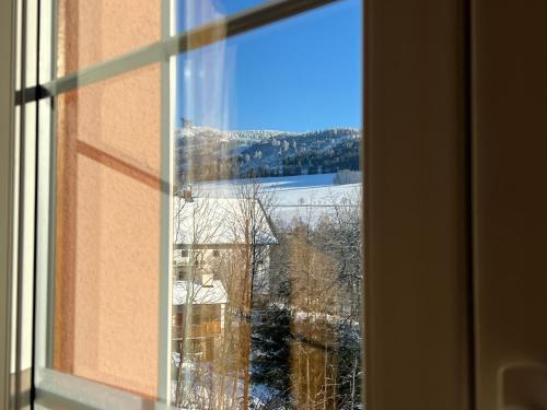 a window with a view of a snow covered mountain at Penzion pod Vlekem Dolní Morava in Dolní Morava
