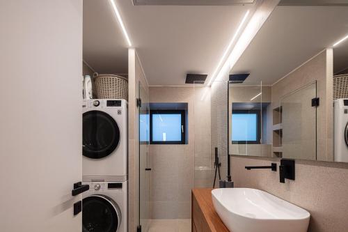 a bathroom with a sink and a washer and dryer at Blue Olive Luxury Villa in Kounoupidhianá