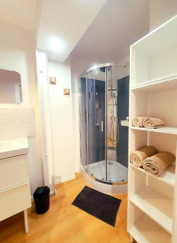 une salle de bain avec une douche en verre dans une chambre dans l'établissement La Petite Boulonnaise Studio cosy avec cour privative - proche Nausicaa, à Boulogne-sur-Mer