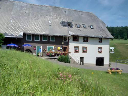 a large white house with a gray roof at Gasthaus-pension zum Löwen in Grafenhausen