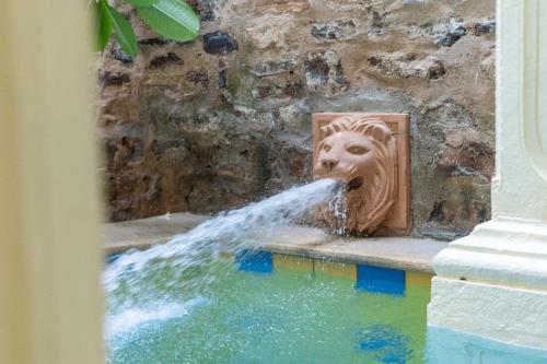 a fountain with a lion spewing water into a pool at Gopagiri Homestay - Gwalior in Gwalior
