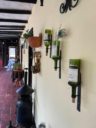 a wall with green pots and plants on it at Hostal Santa Isabel in Iza