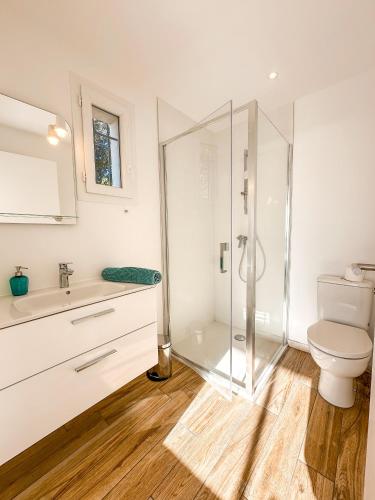 une salle de bain avec toilettes et douche en verre dans l'établissement Casa Luna Di Santa Lucia, à Sainte-Lucie de Porto-Vecchio