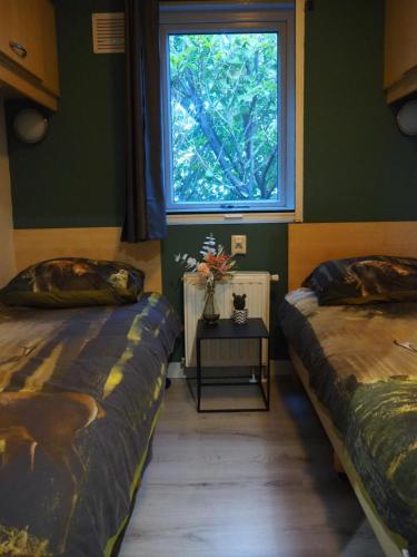 two beds in a room with a window at Chalet Relax in Putten