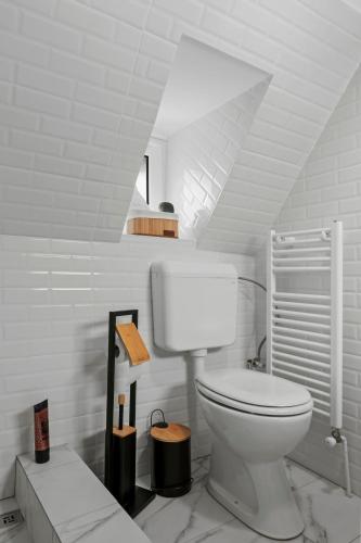 a white bathroom with a toilet in a attic at SEVEN Apartments in Predeal