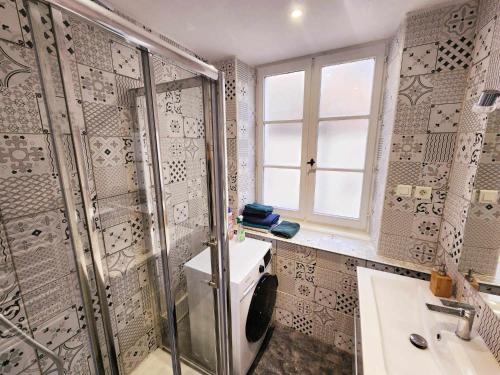 une salle de bain avec une douche et un lavabo et une fenêtre dans l'établissement Appartement de Louise et Adrien, à Gray