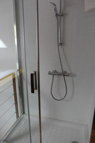une douche dans une salle de bain avec une porte vitrée dans l'établissement Love Loft et Spa, à Ancy-le-Franc