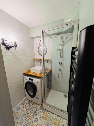 une salle de bain avec douche et machine à laver dans l'établissement Les deux Alpes - vue sur les pistes - centre station, à Les Deux Alpes