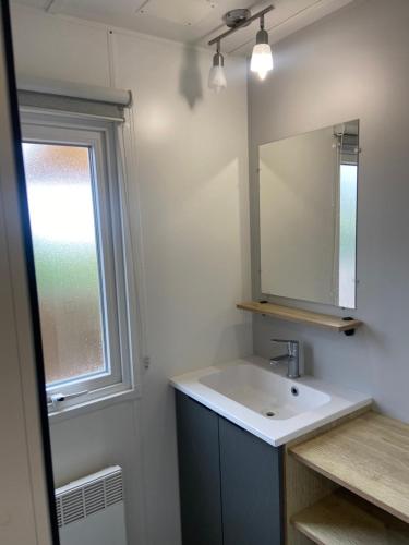 une salle de bain avec un lavabo et un miroir dans l'établissement Joli Mobil-home spacieux Mar Estang, à Canet