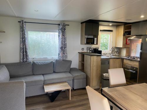 un salon avec un canapé et une cuisine dans l'établissement Joli Mobil-home spacieux Mar Estang, à Canet