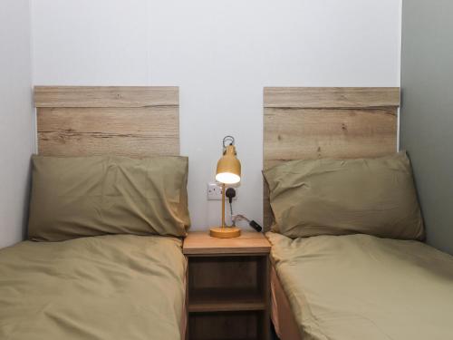 a bedroom with two beds and a lamp on a table at 5 Manor Park in Bideford