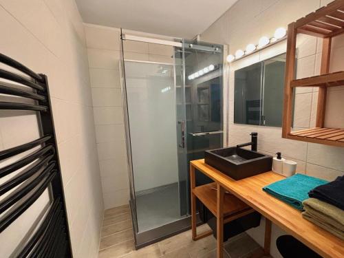 a bathroom with a sink and a glass shower at Charmant F2 au cœur de Royat in Royat