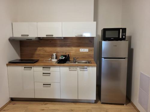a small kitchen with a refrigerator and a sink at City Center Apartments - Moderna Brno Římské náměstí IV in Brno