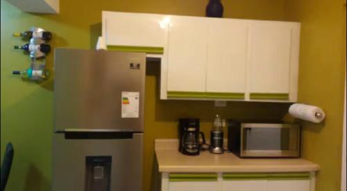 a kitchen with a refrigerator and a microwave at Hylton New Kingston 21 in New Kingston