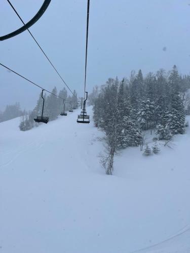 a ski lift in the snow with snow covered trees at Condo at Lutsen Mtn, Ski in Ski out, Gorgeous views of Moose Mtn in Lutsen