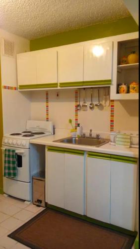 a kitchen with white cabinets and a sink and a stove at Hylton New Kingston 21 in New Kingston