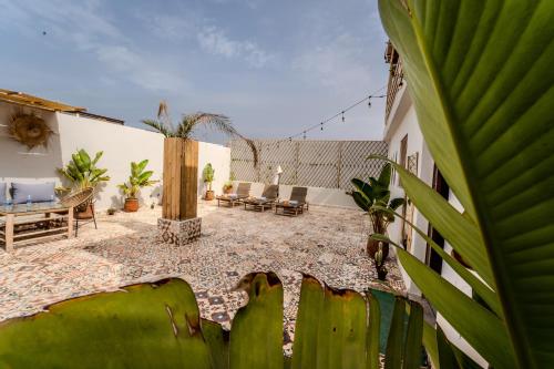 a backyard with a patio with chairs and plants at Med Stay Apartment with amazing Terrace - A2 in Tamraght Ouzdar