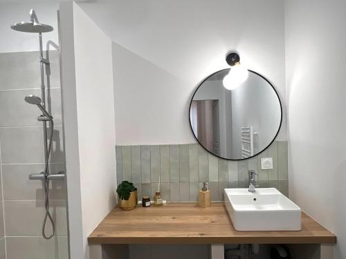 a bathroom with a sink and a mirror at Appartement cosy à Landiras in Landiras