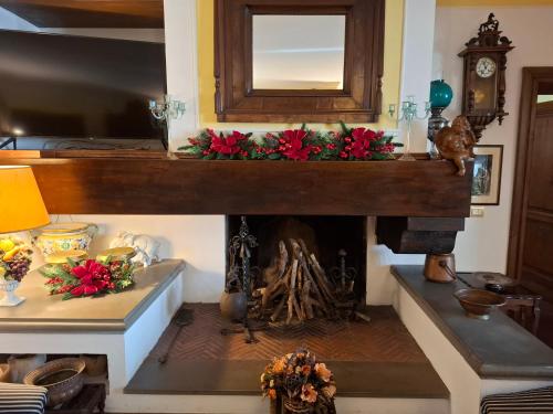 a living room with a fireplace with red flowers on it at Tuscany Villa Gorello. Villa in Toscana. Jacuzzi con tetto in cristallo,piscina in Arezzo