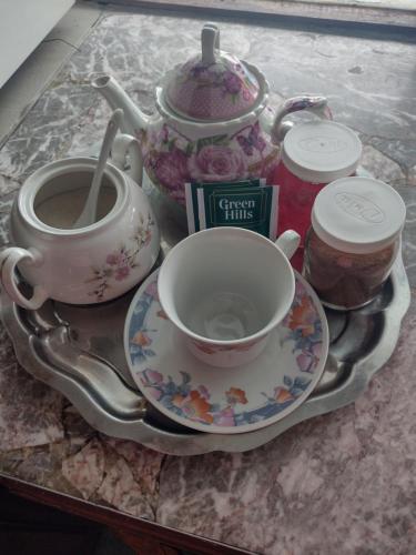 a tea set on a tray with a tea pot and a cup at Moza in Trevelin