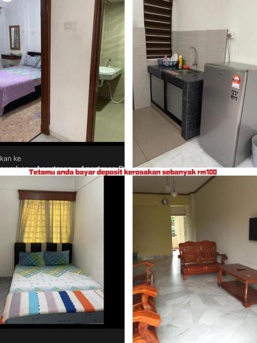 a collage of three pictures of a room with a refrigerator at Private,Glory Beach Resort port dickson-negeri sembilan in Port Dickson