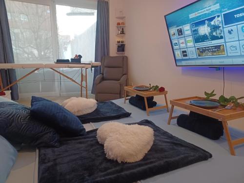 a living room with a tv and a couch with pillows at Éva Apartmanház in Eger