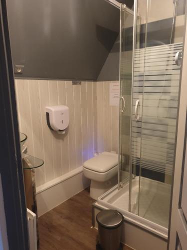 une salle de bain avec toilettes et douche en verre dans l'établissement L'écu, à Saint-Amand-Montrond