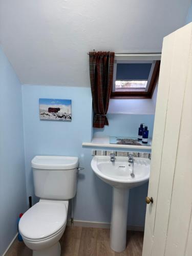 a bathroom with a toilet and a sink at Traditional 2 bed croft in Portskerra