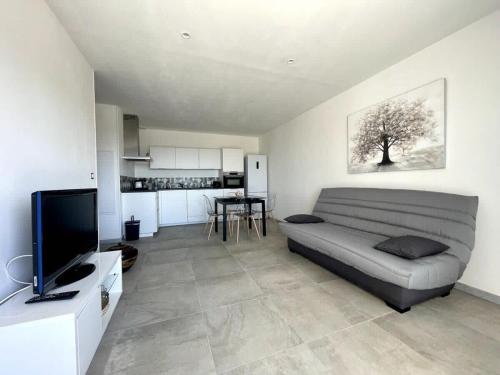 a living room with a couch and a television at Casamea - Rez de Villa, Famille, Vue mer, Clim2 in Appietto
