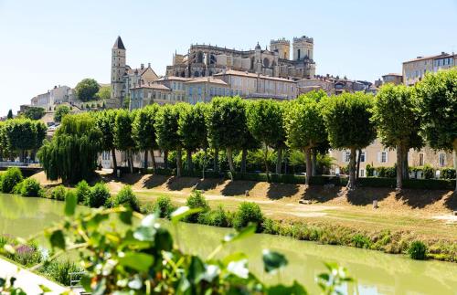 a row of trees in a park next to a river at Tarrit de Bas in Castelnau-dʼAuzan