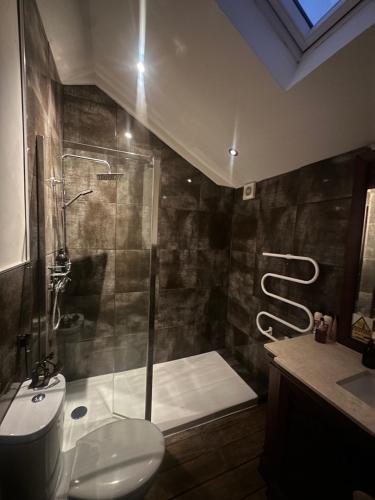 a bathroom with a shower and a toilet and a sink at Meagill Cottage Sleeps 4 with Hot Tub & Parking in Otley