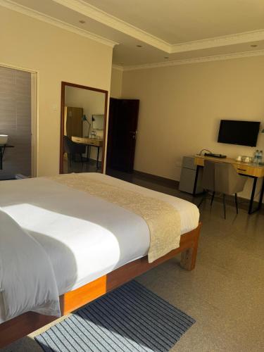 a bedroom with a bed and a desk and a television at Eleganciana Lodges Limited in Lusaka
