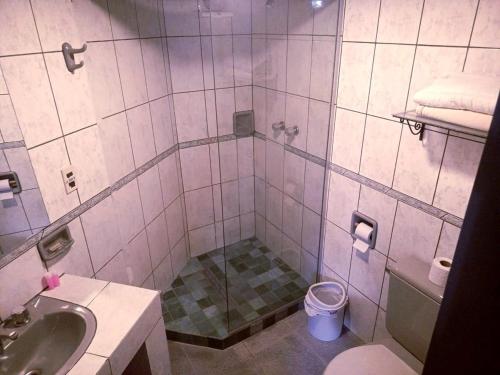a bathroom with a shower and a sink and a toilet at Hostal Recoleta Sur in Sucre