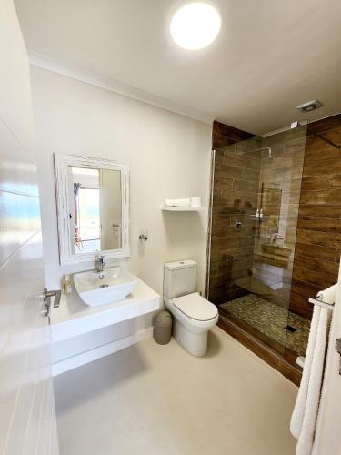 a bathroom with a toilet and a sink and a shower at The Tides in Simonʼs Town