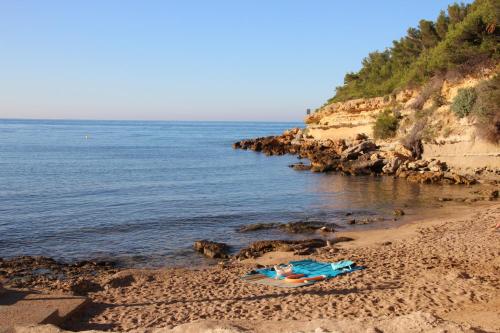 une femme allongée sur une plage au bord de l'eau dans l'établissement Appartement bord de mer, à Carry-le-Rouet
