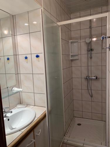 une salle de bain avec douche et lavabo dans l'établissement Lacroisette, à Gérardmer