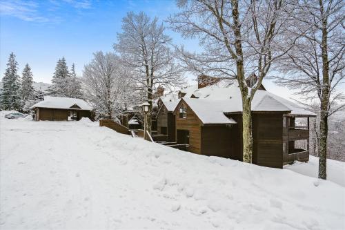 a log cabin in the snow with a snow covered yard at Highridge B14 Enjoy the view ski back trail shuttle service sports center in Killington