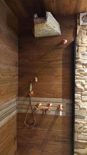 a shower with a light on a wooden wall at Casa Antón O Cebreiro in O Cebreiro