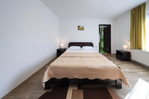 a bedroom with a large bed in a white room at Casa Dintre Vai in Şimon